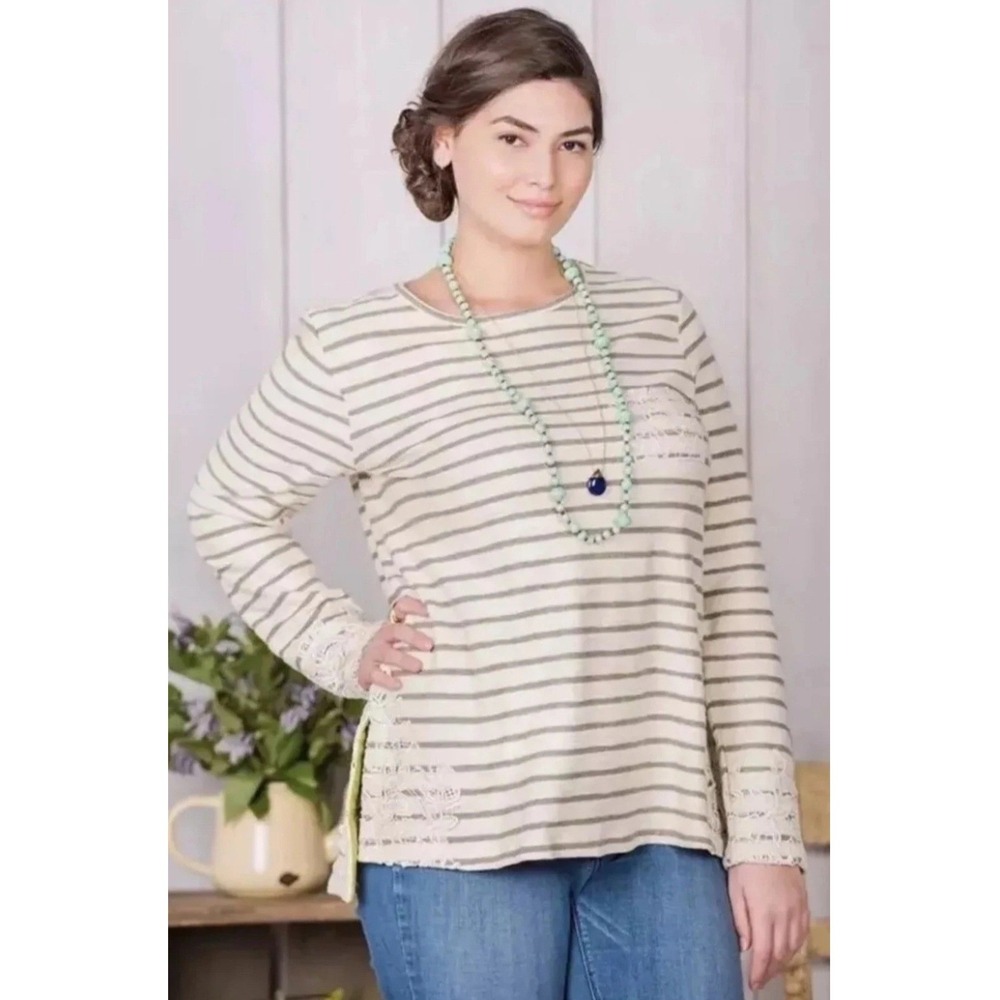 Matilda Jane Womens XL Stripe Lace Pocket LongSleeve Top Gray White Cotton Shirt